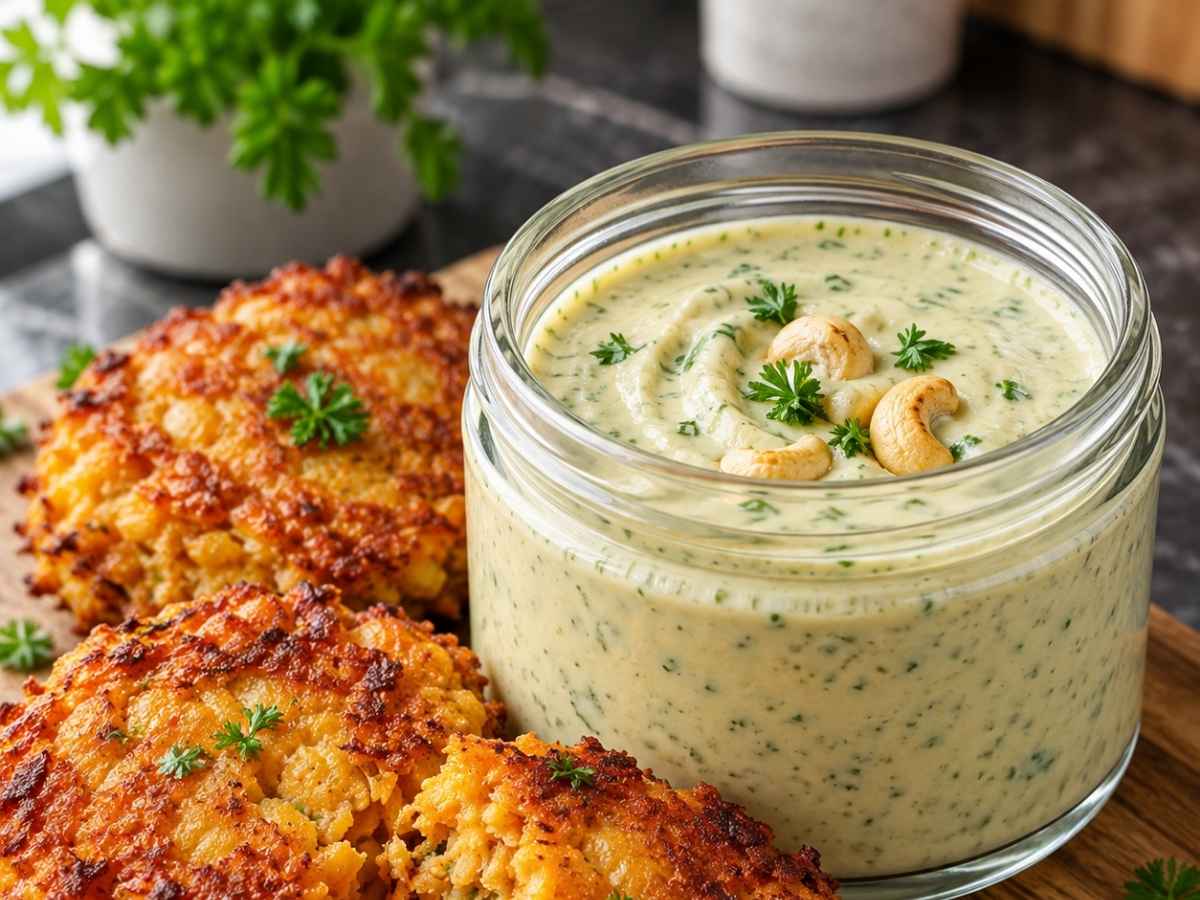 Linsen-Kartoffel-Puffer mit Cashew-Dip 2 Angebissener Linsen-Kartoffel-Puffer mit cremigem Cashew-Dip