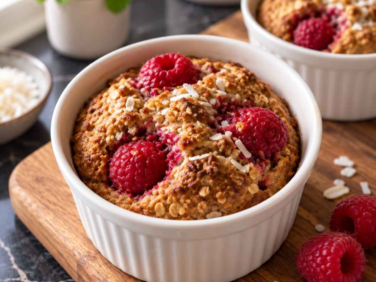 Nahaufnahme eines Haferflockenküchleins mit Himbeeren und Kokos, angeschnitten