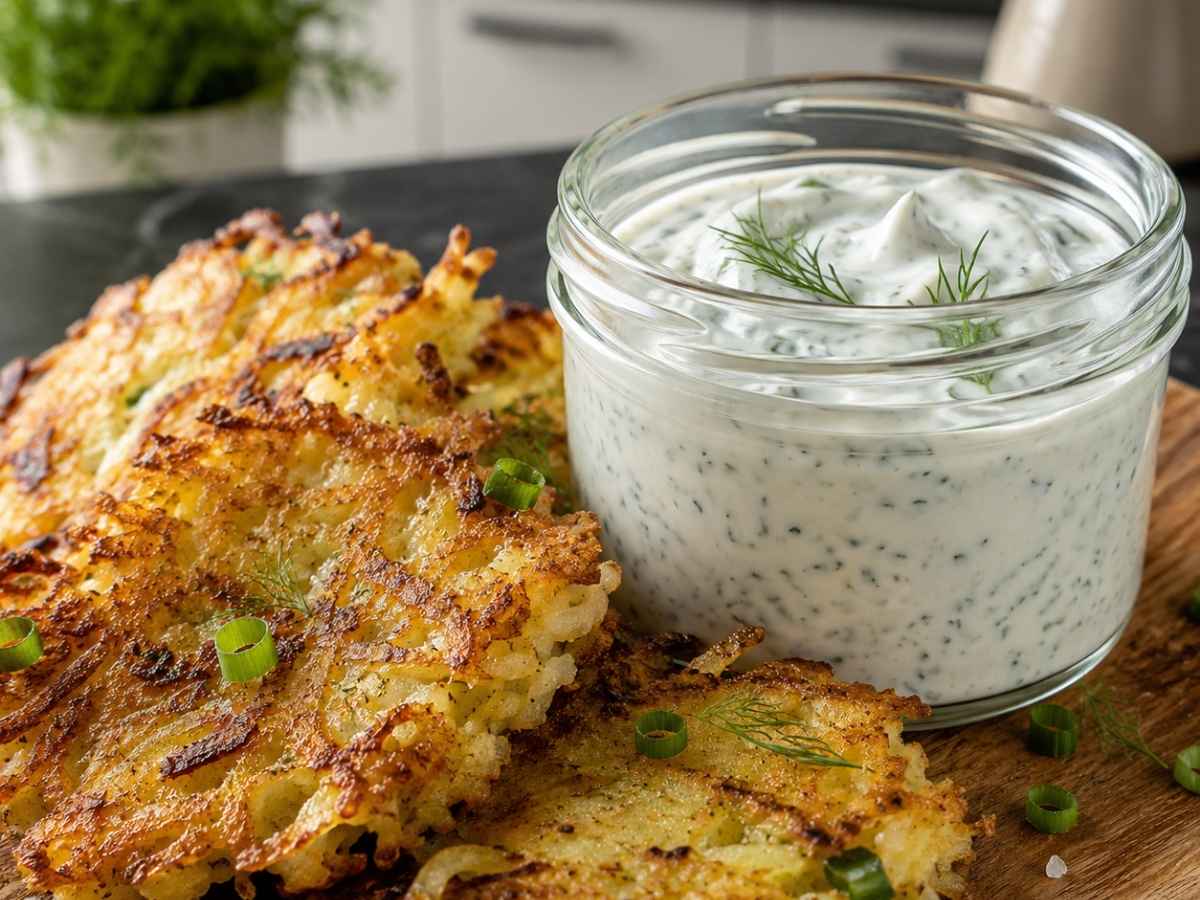 Nahaufnahme von knusprigen veganen Erdäpfelpuffern mit Dillsauce