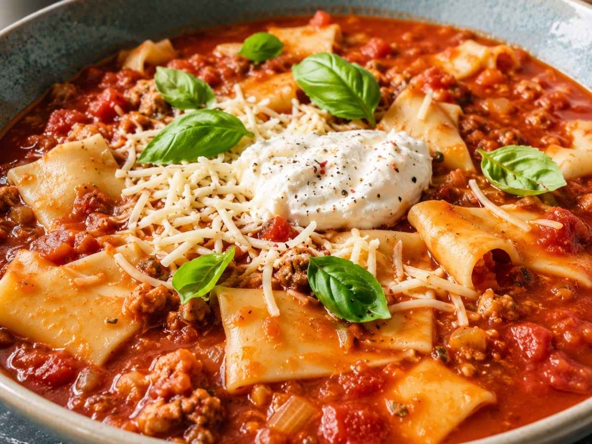 Detailansicht der veganen Lasagne-Suppe mit zerbrochenen Lasagneplatten und Basilikumblättern
