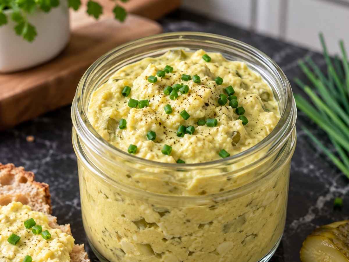Cremiger veganer Eiaufstrich mit Kala Namak in Nahaufnahme, bestreut mit Schnittlauchröllchen