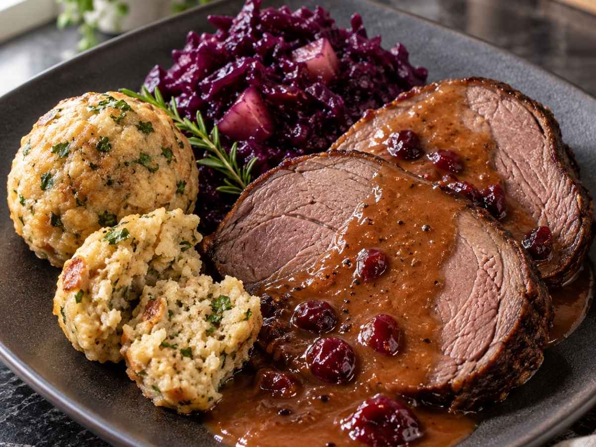 Scheibe Wildschweinbraten mit Rotweinsauce und Preiselbeeren in Nahaufnahme