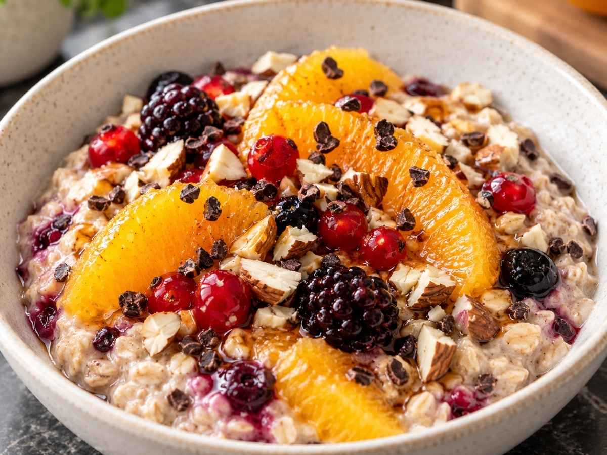 Nahaufnahme des cremigen Nuss-Porridges mit Früchten, Orangenfilets und knusprigen Kakaonibs
