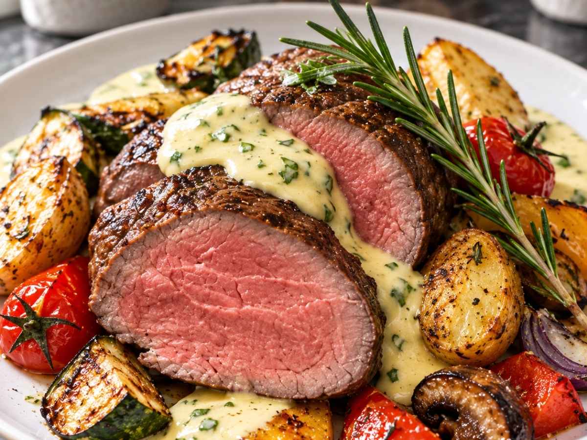Angeschnittenes Rinderfilet mit cremiger Kräuter-Hollandaise in Nahaufnahme
