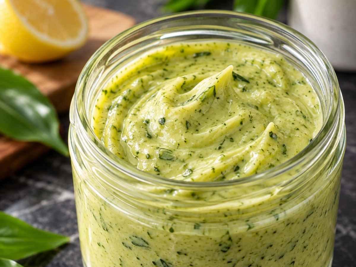 Nahaufnahme der cremigen, grünen Bärlauch-Hollandaise mit sichtbarer samtiger Textur