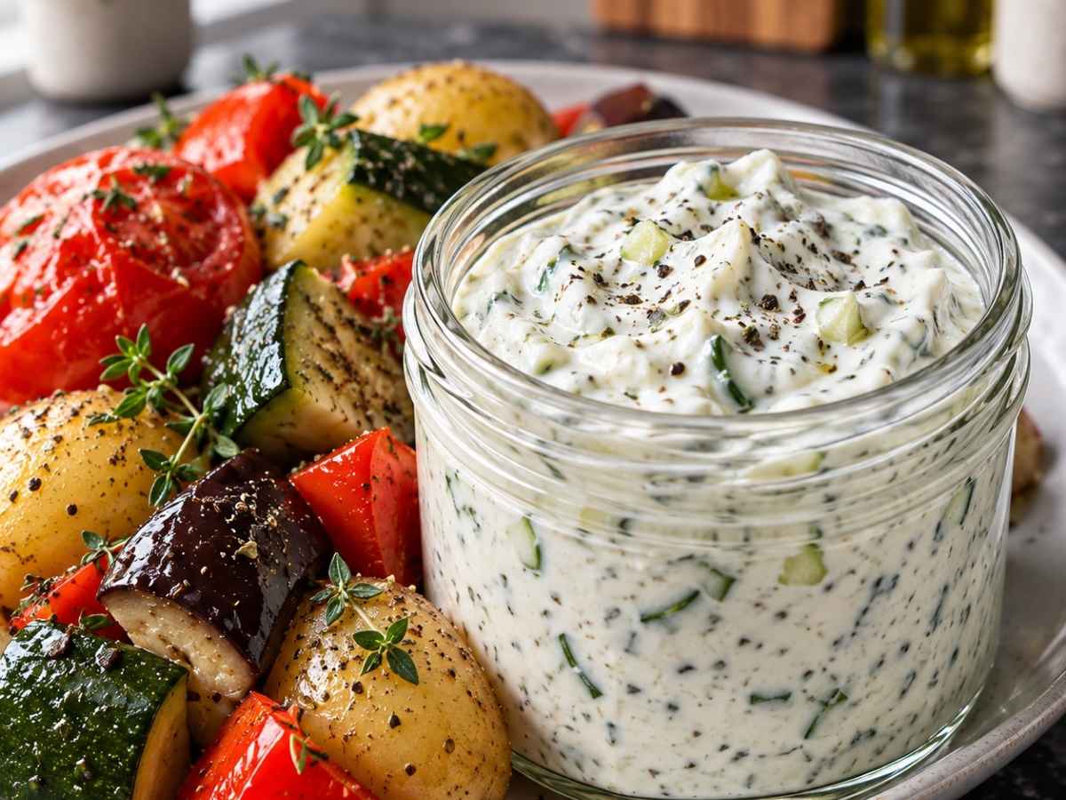 Cremiges veganes Zaziki mit Kräutern neben gedünsteten Kartoffeln und Tomaten in Nahaufnahme