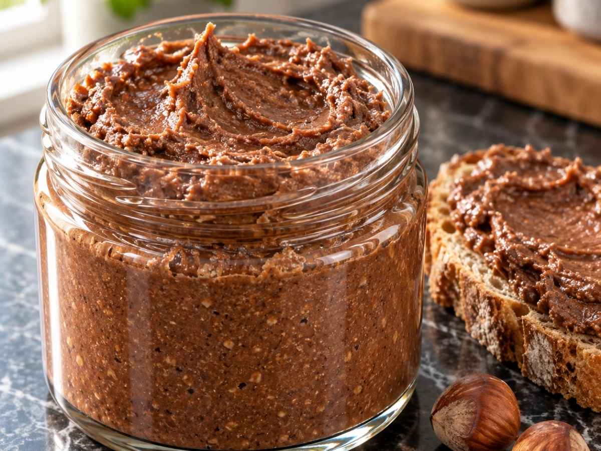 Nahaufnahme von cremigem Nuss-Honig-Schoko-Aufstrich auf einer Scheibe Bauernbrot