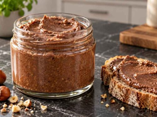 Nuss-Honig-Schoko-Aufstrich Nuss-Honig-Schoko-Aufstrich im Schraubglas auf dem Frühstückstisch mit Laugenbrötchen und Haselnüssen