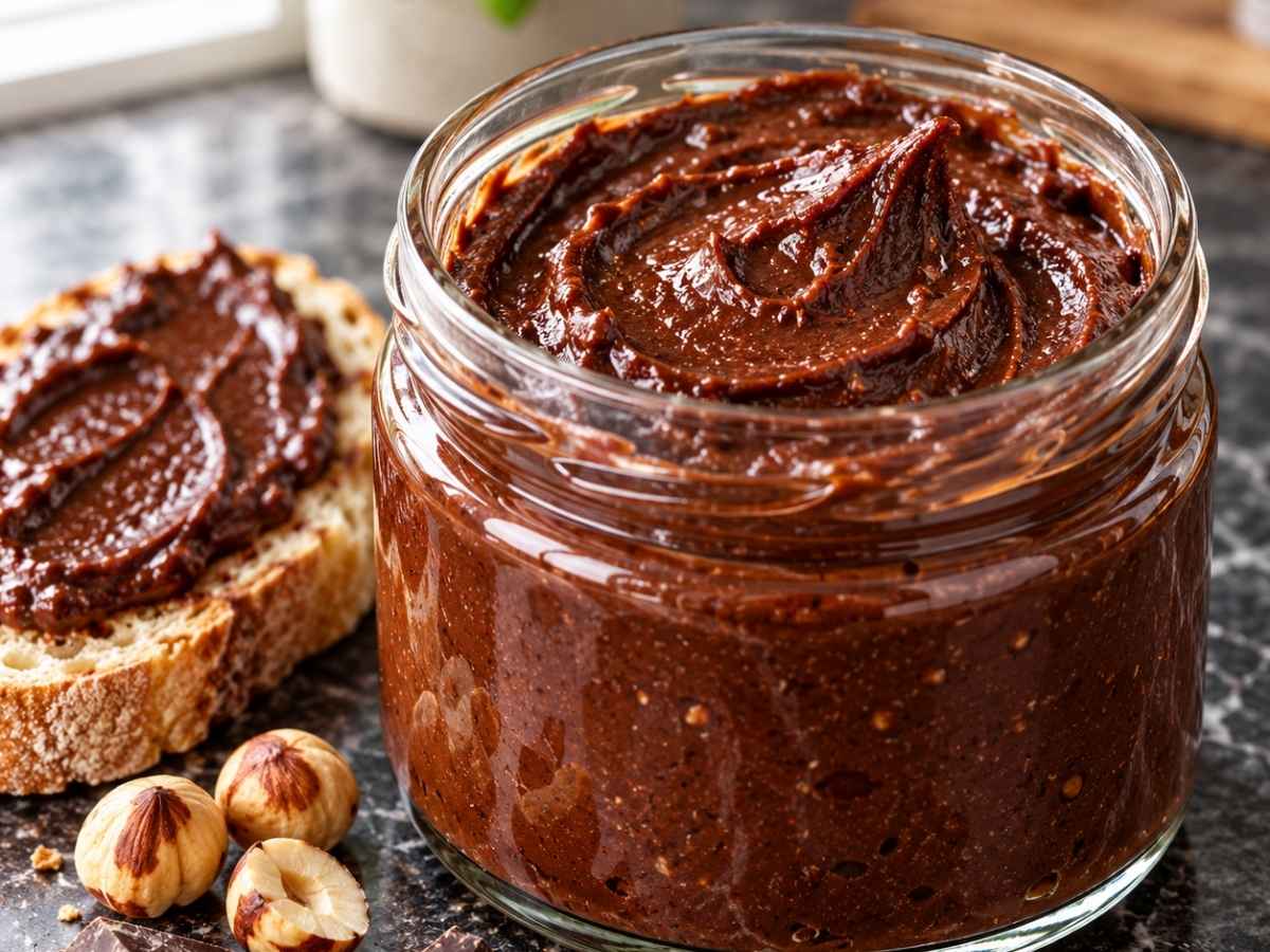Nahaufnahme von streichfähiger Nuss-Nougat-Creme auf einem Löffel mit sichtbarer Nussstruktur