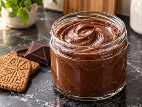 Nuss-Nougat-Schoko-Creme Nuss-Nougat-Schoko-Creme mit Spekulatius in zwei Schraubgläsern auf dem Frühstückstisch mit Brötchen und Spekulatius