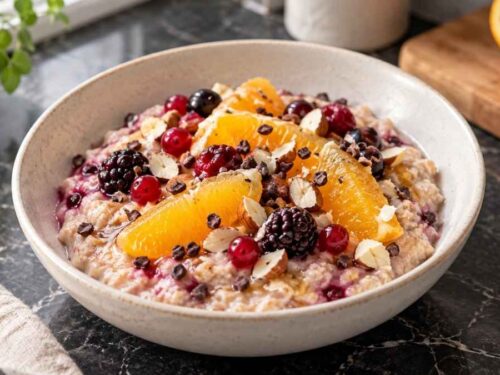 Cremiges Nuss-Porridge mit Früchten, angerichtet mit Orangenfilets, Beeren und Kakaonibs