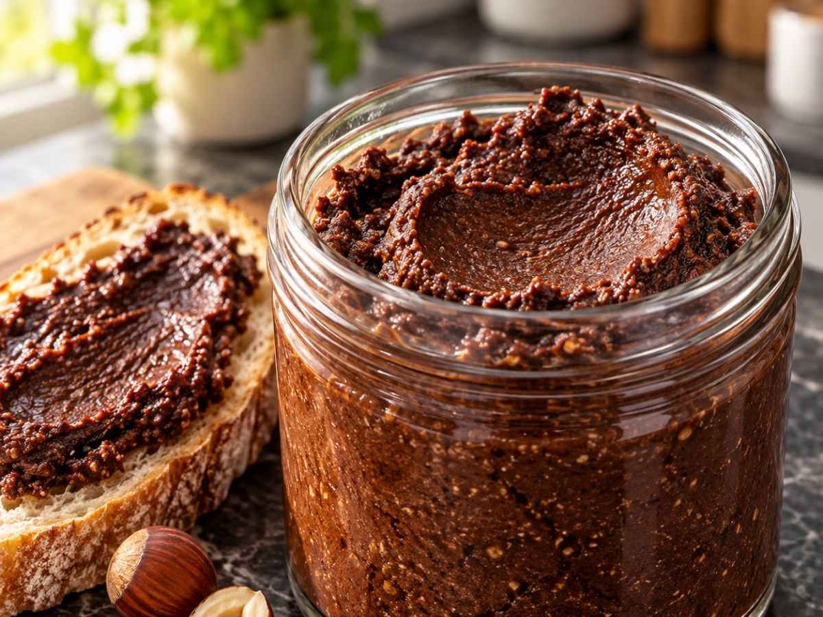 Nuss-Schoko-Aufstrich 2 Nahaufnahme von cremigem Nuss-Schoko-Aufstrich auf einem Löffel mit sichtbarer feiner Haselnuss-Struktur