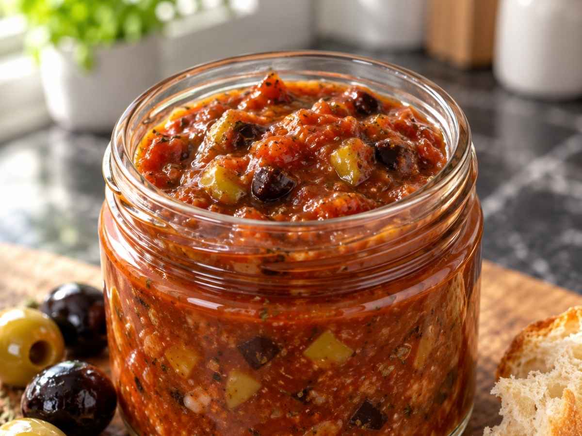 Nahaufnahme der Olivensauce mit linsengroß gehackten grünen und schwarzen Oliven in glänzender Tomatensauce