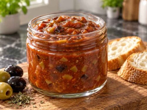 Olivensauce in einer Schüssel auf dem Grilltisch, daneben Baguette, Würstchen und Gemüsesticks
