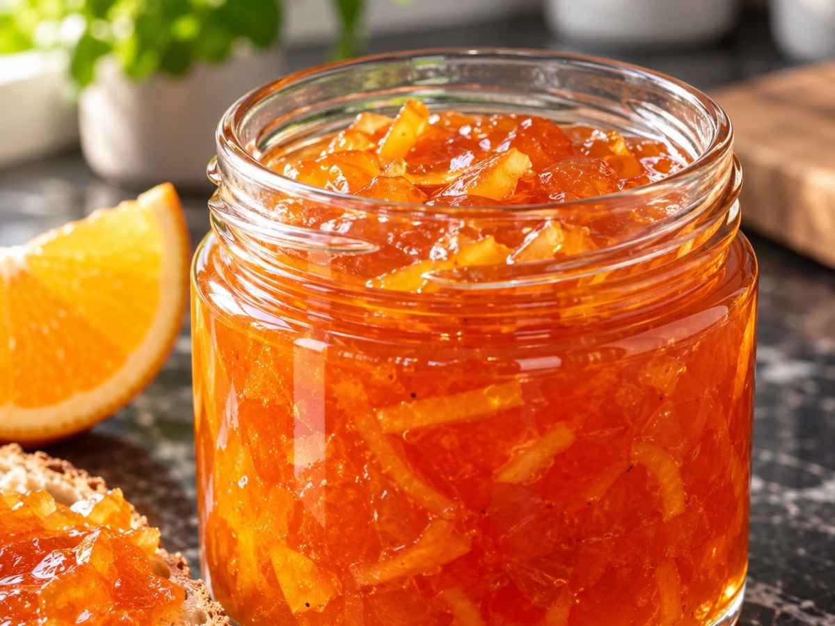 Nahaufnahme von Orangen-Campari-Marmelade mit kleinen Orangenstücken auf einem Brötchen mit Butter