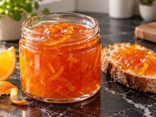 Orangen-Campari-Marmelade in sieben kleinen Schraubgläsern mit frischen Orangen und Brötchen auf einem Holztisch
