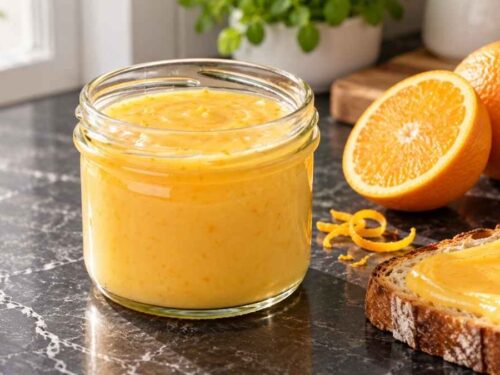 Orangen Curd in zwei Schraubgläsern auf dem Küchentisch, daneben Toast und frische Orangen