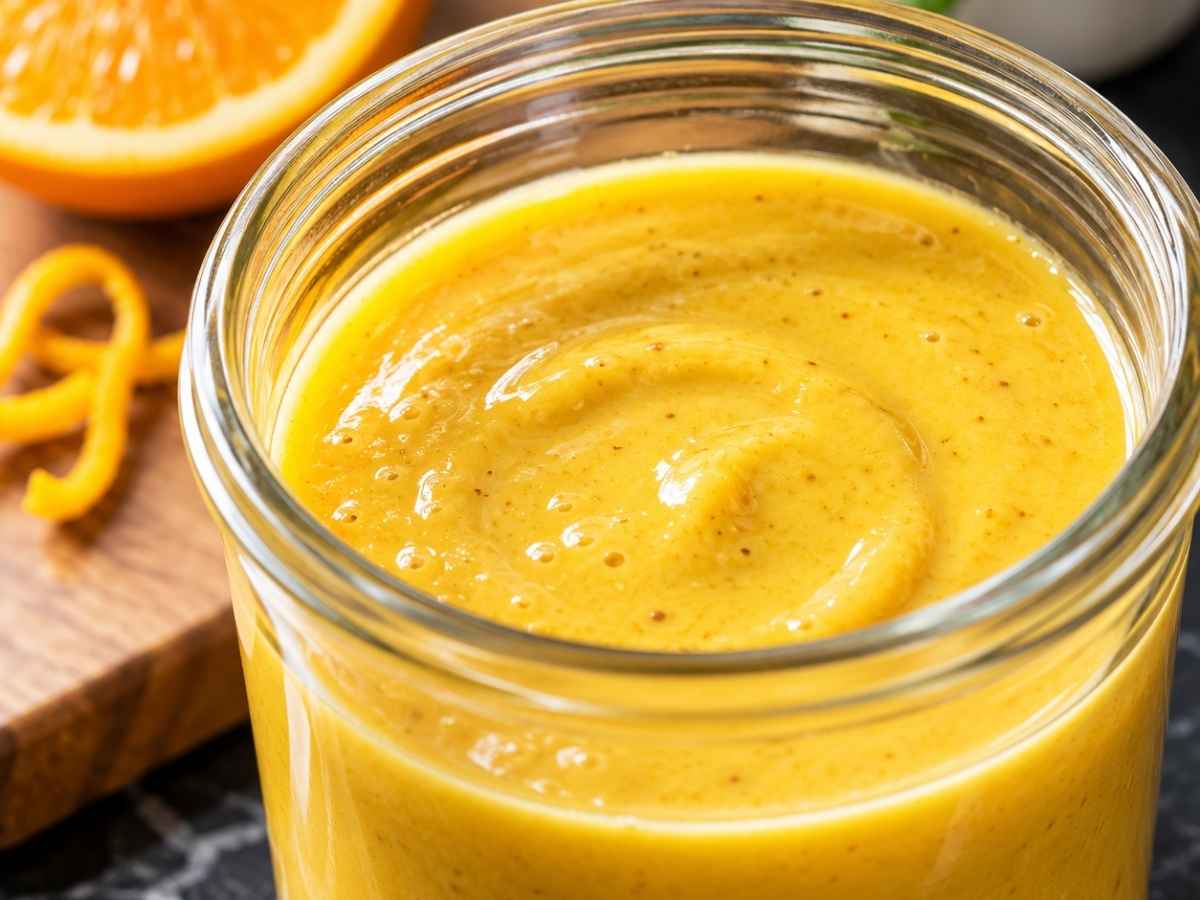 Nahaufnahme vom cremig emulgierten Orangen-Curry-Dressing