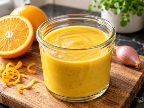 Orangen-Curry-Dressing Orangen-Curry-Dressing im Schraubglas neben frischem Blattsalat