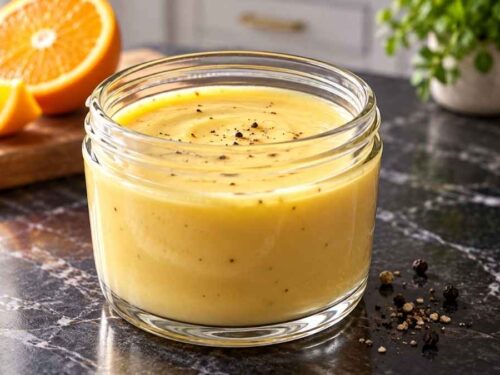 Orangen-Hollandaise zu Weihnachtsgeflügel in einer Sauciere neben Entenbraten und Rosenkohl auf dem festlich gedeckten Tisch