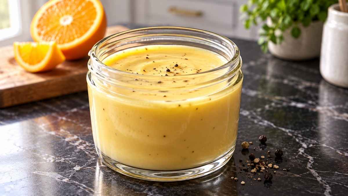 Orangen-Hollandaise zu Weihnachtsgeflügel in einer Sauciere neben Entenbraten und Rosenkohl auf dem festlich gedeckten Tisch