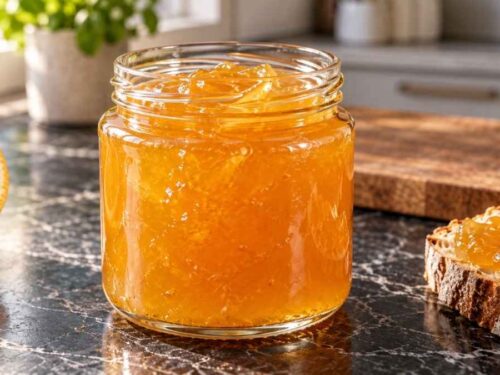 Orangen-Holunderblüten-Aufstrich in drei Schraubgläsern auf einem Frühstückstisch mit Brötchen und Butter