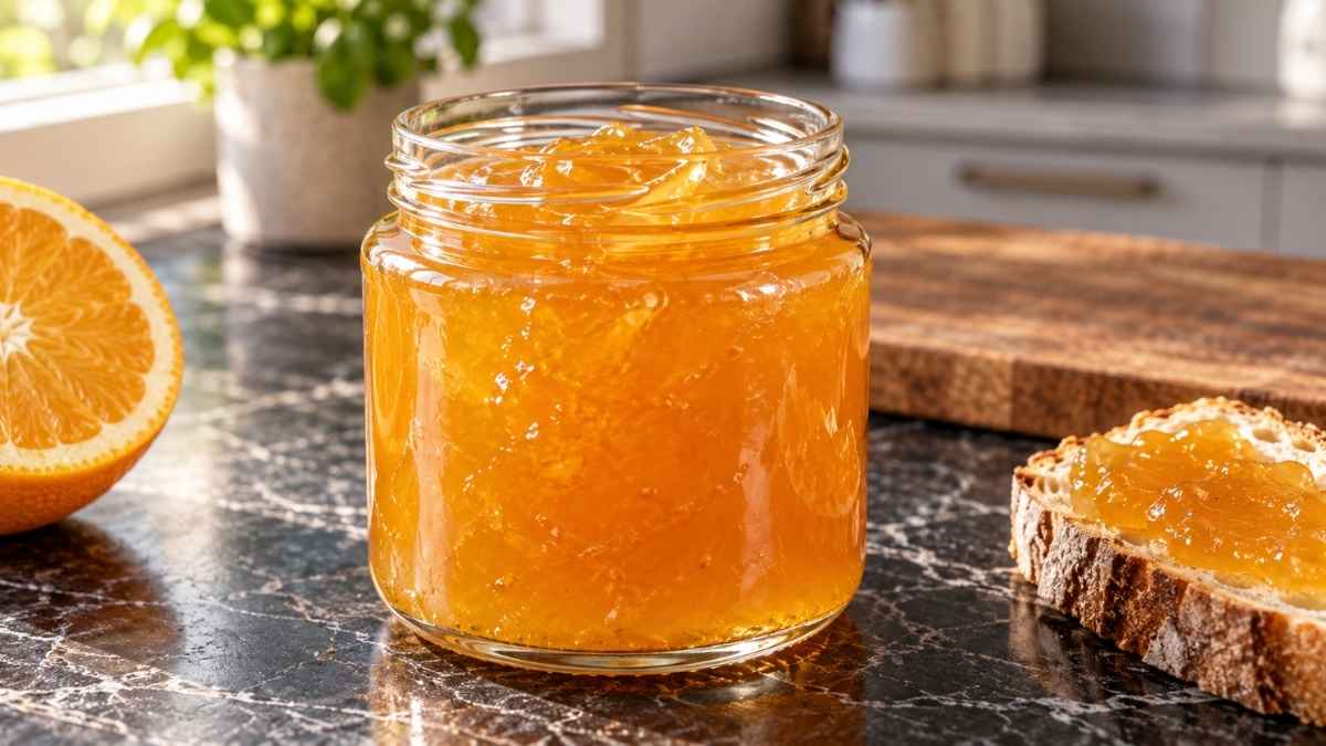 Orangen-Holunderblüten-Aufstrich in drei Schraubgläsern auf einem Frühstückstisch mit Brötchen und Butter