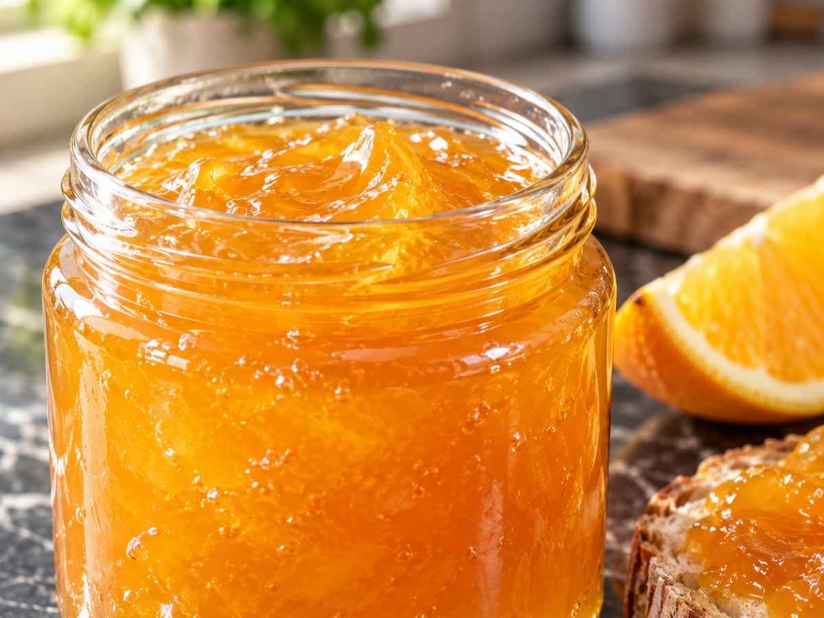 Orangen-Holunderblüten-Aufstrich 2 Nahaufnahme von glänzendem Orangen-Holunderblüten-Aufstrich auf einem Löffel über dem offenen Glas