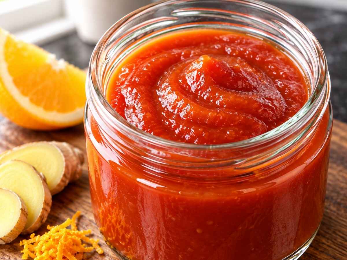 Orangen-Ingwer-Ketchup 2 Nahaufnahme von glänzendem Orangen-Ingwer-Ketchup in einem kleinen Schälchen mit eingetunkter Pommes