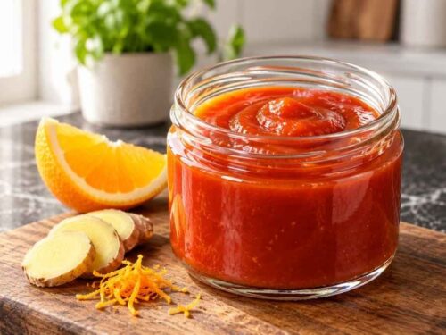 Orangen-Ingwer-Ketchup in einer Glasflasche neben Süßkartoffelpommes und frischer Orange auf dem Tisch