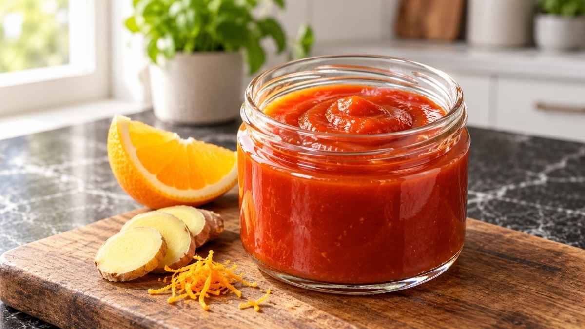 Orangen-Ingwer-Ketchup in einer Glasflasche neben Süßkartoffelpommes und frischer Orange auf dem Tisch