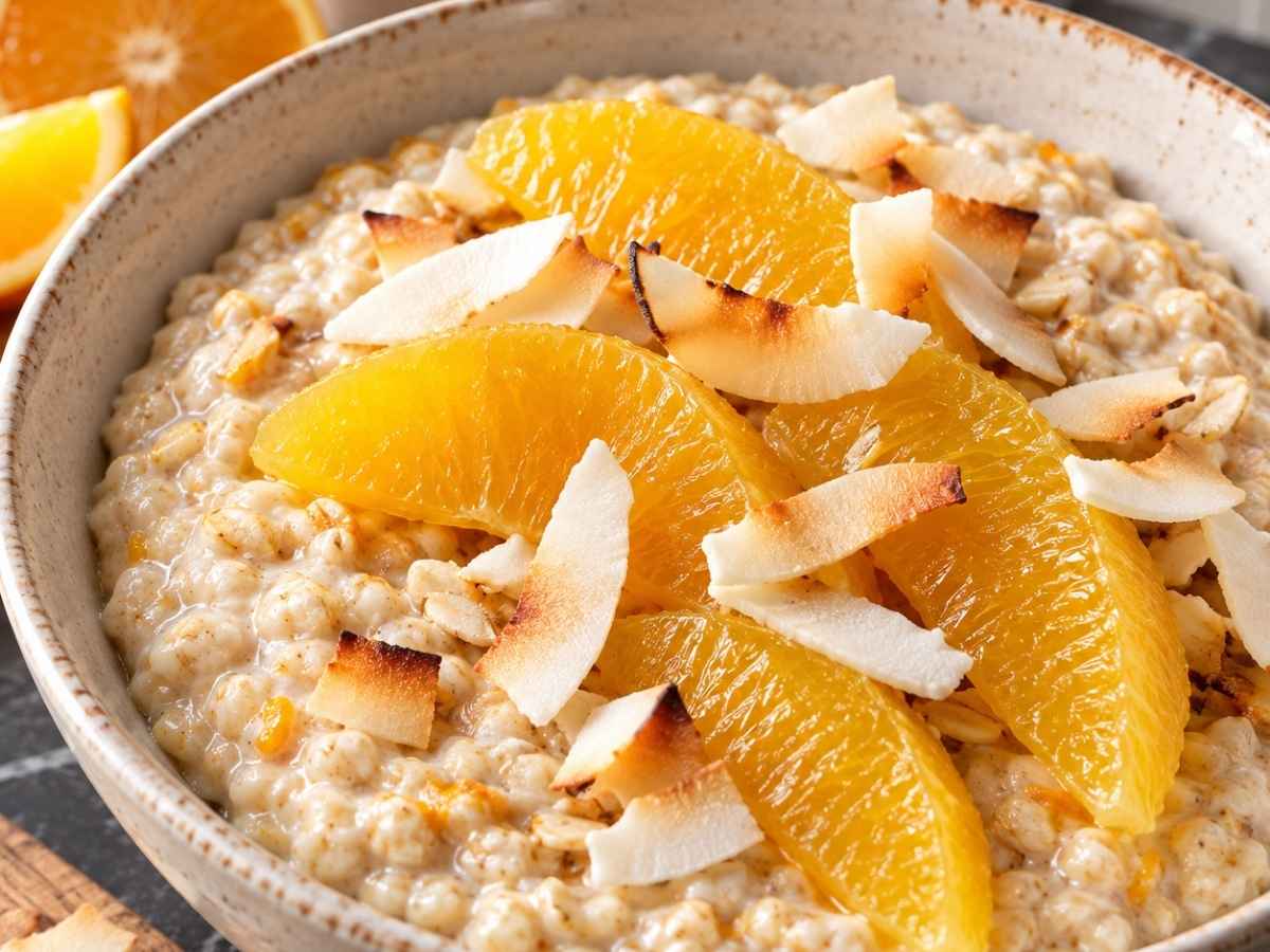 Nahaufnahme von cremigem Orangen-Kokos-Porridge mit Orangenfilets und knusprigen Kokoschips