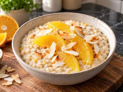 Orangen-Kokos-Porridge Orangen-Kokos-Porridge in einer Schale mit Orangenfilets und gerösteten Kokoschips