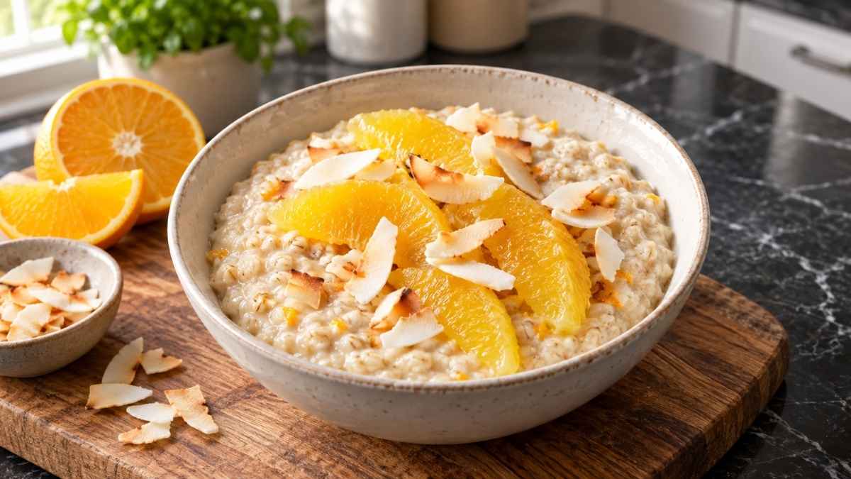 Orangen-Kokos-Porridge in einer Schale mit Orangenfilets und gerösteten Kokoschips