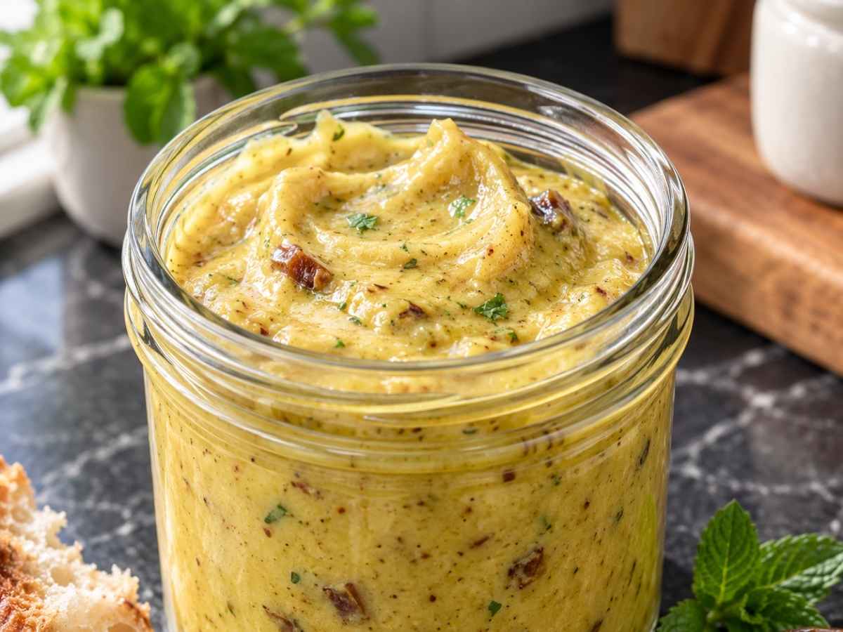 Cremige Nahaufnahme der orientalischen Mayonnaise mit sichtbaren Dattelstückchen