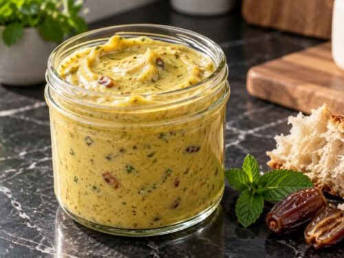 Orientalische Mayonnaise mit Datteln und Minze in einem Glas, weitwinklig fotografiert