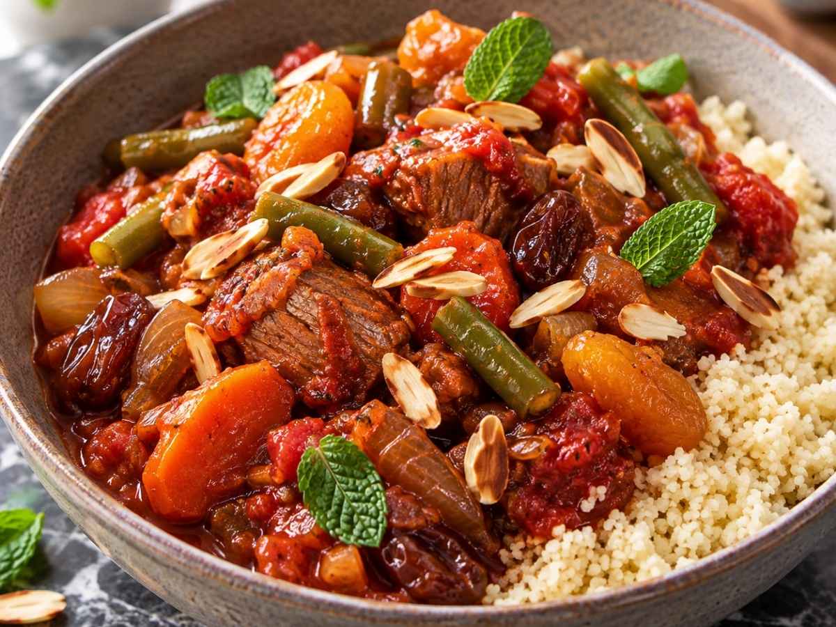 Nahaufnahme Orientalischer Lammeintopf mit zartem Lamm, Datteln und gerösteten Mandeln