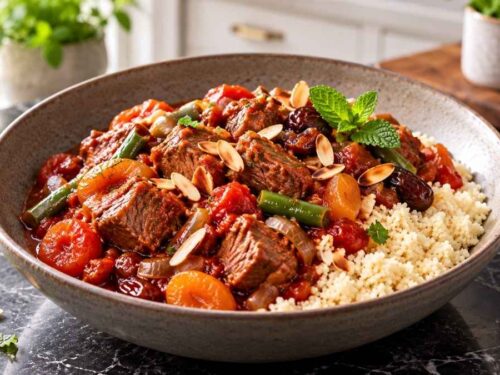 Orientalischer Lammeintopf mit Couscous in großer Schüssel, garniert mit Mandeln und Minze