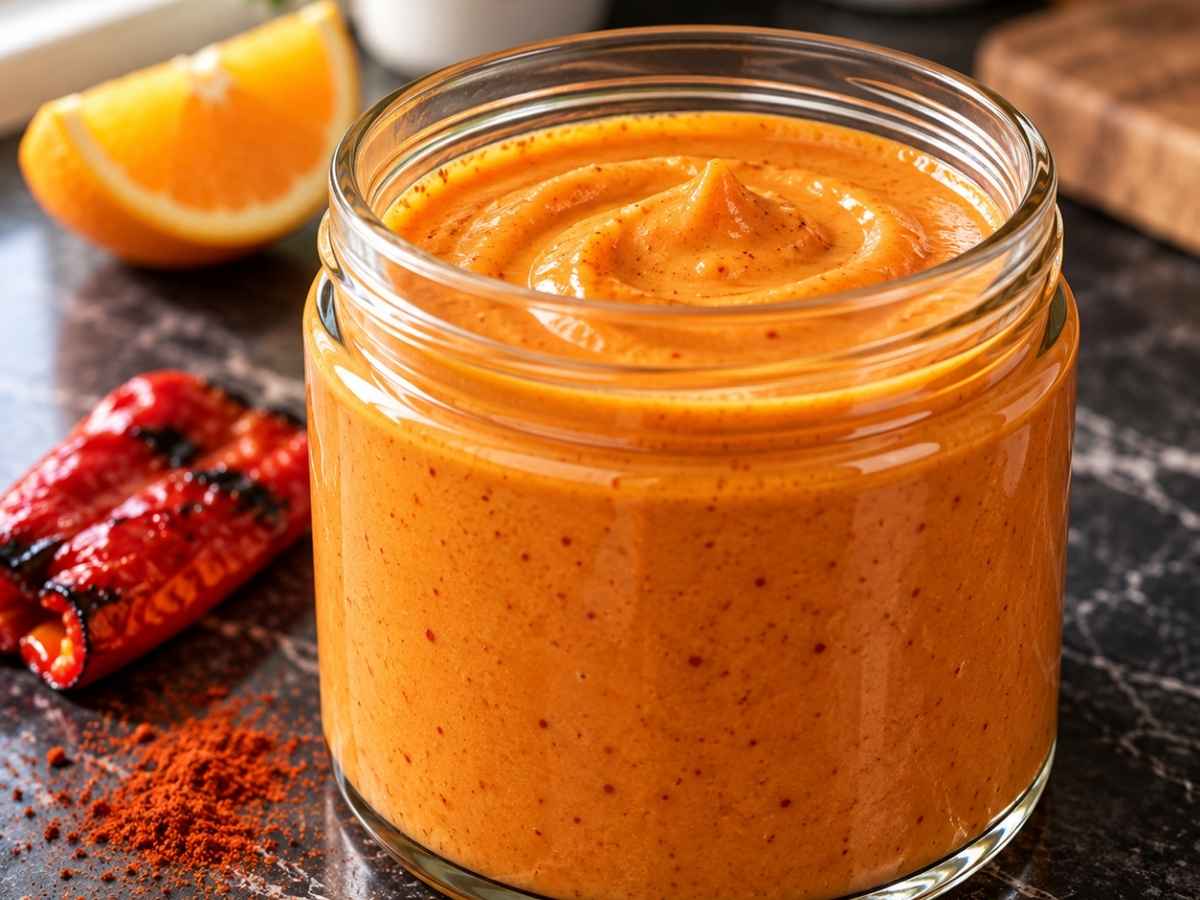 Paprika-Hollandaise 2 Nahaufnahme von glänzender Paprika-Hollandaise auf einem Löffel