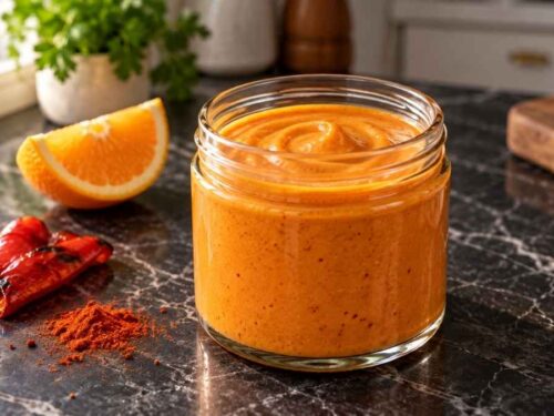 Paprika-Hollandaise, cremig und orange, über weißem Spargel angerichtet