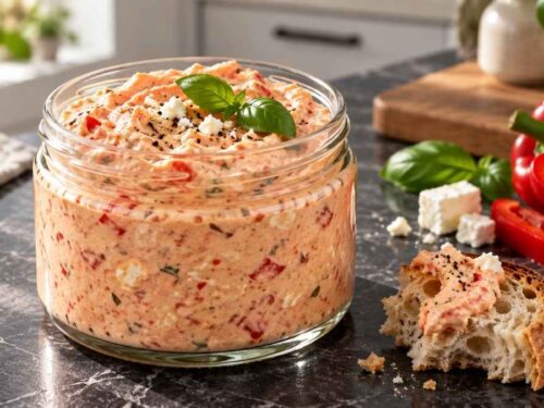 Paprika-Schafskäse-Dip in einer Schüssel auf dem Tisch, daneben Fladenbrot, Gurken- und Möhrensticks