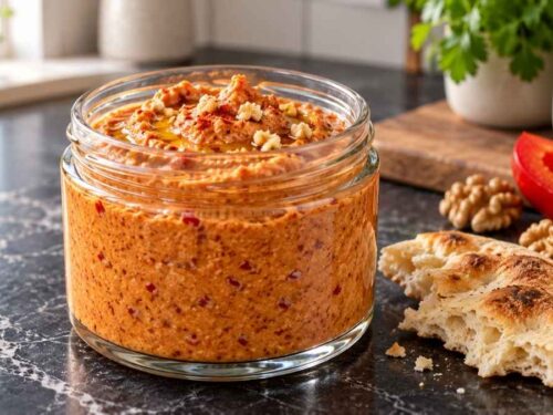 Paprika-Walnuss-Dip in einer Schale, daneben warmes Fladenbrot, Gurken- und Möhrensticks auf einem Holztisch