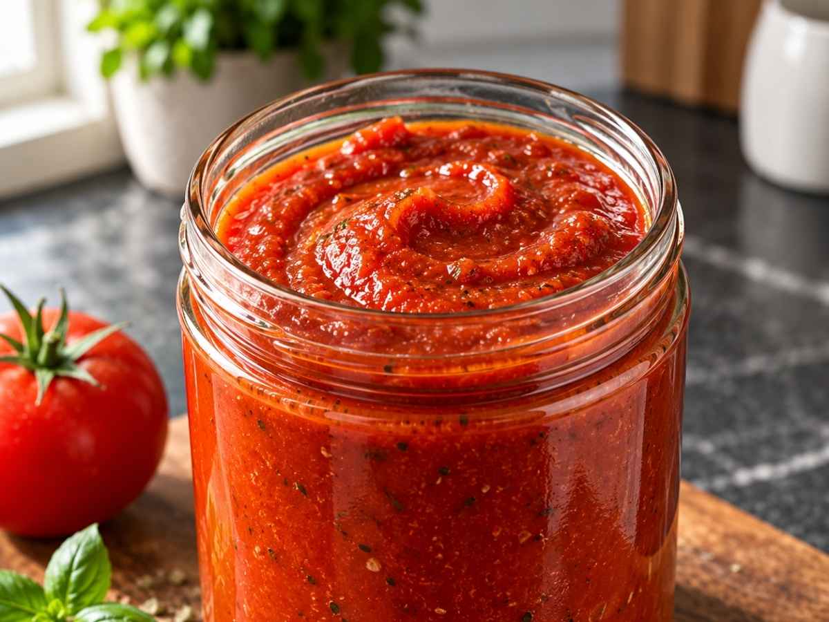 Nahaufnahme der würzigen Pasta und Pizzasauce mit sichtbaren Kräutern