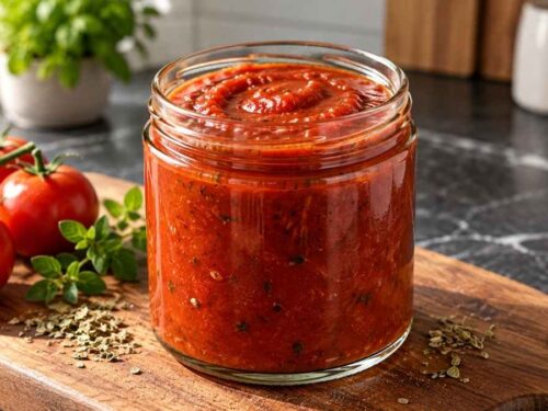 Selbstgemachte Pasta und Pizzasauce in zwei Schraubgläsern auf dem Küchentisch