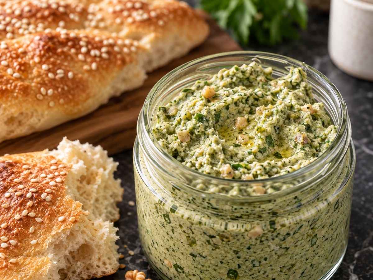 Nahaufnahme von cremigem Kräuter-Walnuss-Dip mit Feta auf einem Stück knusprigem Fladenbrot