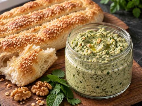 Frisch gebackenes persisches Fladenbrot mit Sesam und Mohn neben einer Schüssel Kräuter-Walnuss-Dip