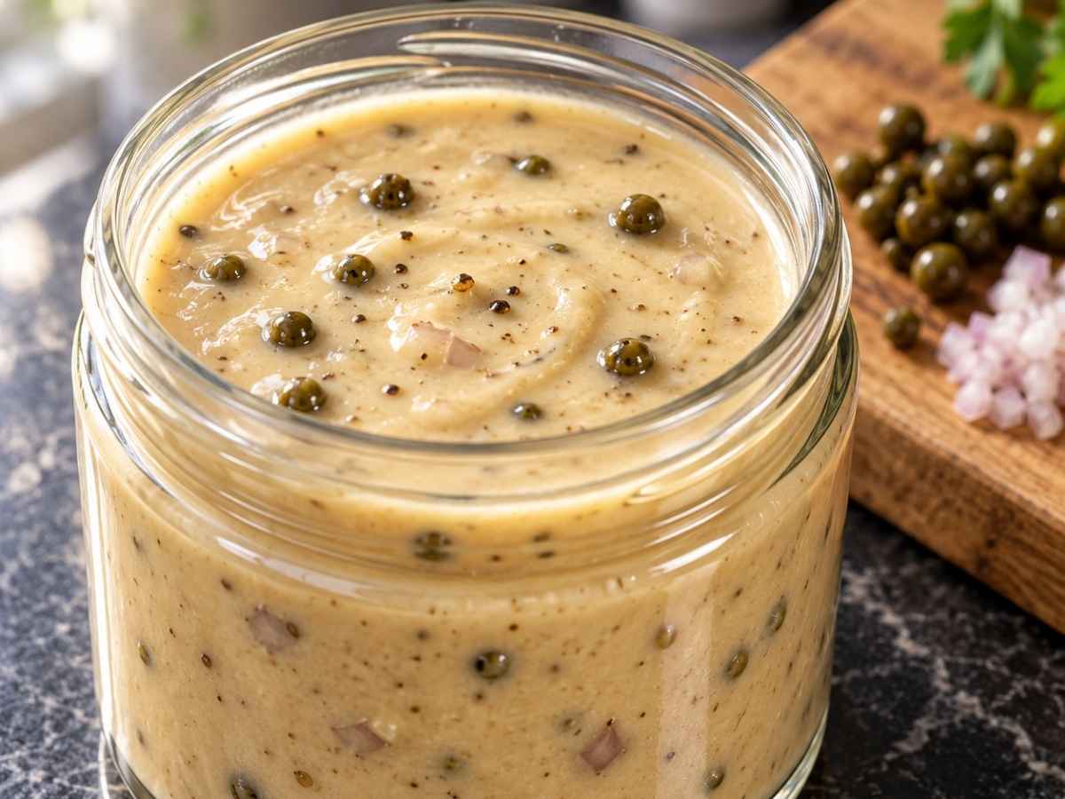 Nahaufnahme von cremiger Pfefferrahmsauce mit Cognac und grünen Pfefferkörnern