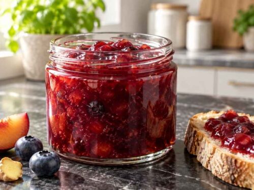 Pflaumen-Blaubeer-Tomaten-Konfitüre Vier Gläser Pflaumen-Blaubeer-Tomaten-Konfitüre mit Brötchen, Butter und frischen Pflaumen auf einem Holztisch