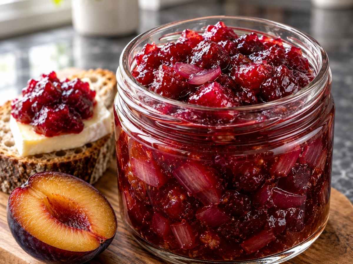 Nahaufnahme von dunkelrot glänzendem Pflaumen-Zwiebel-Chutney mit sichtbaren Zwiebel- und Pflaumenstücken auf einem Löffel