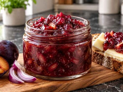 Pflaumen-Zwiebel-Chutney Pflaumen-Zwiebel-Chutney in zwei Schraubgläsern neben Camembert, Bauernbrot und frischen Zwetschgen auf einem Holzbrett